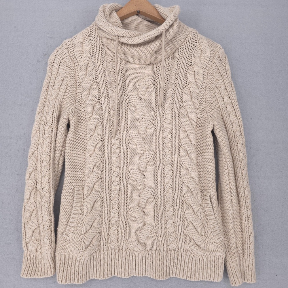 L.L.Bean Sweater Womens XS Cream Cotton Cable Knit Cowl Neck Pockets Pullover - Picture 1 of 8